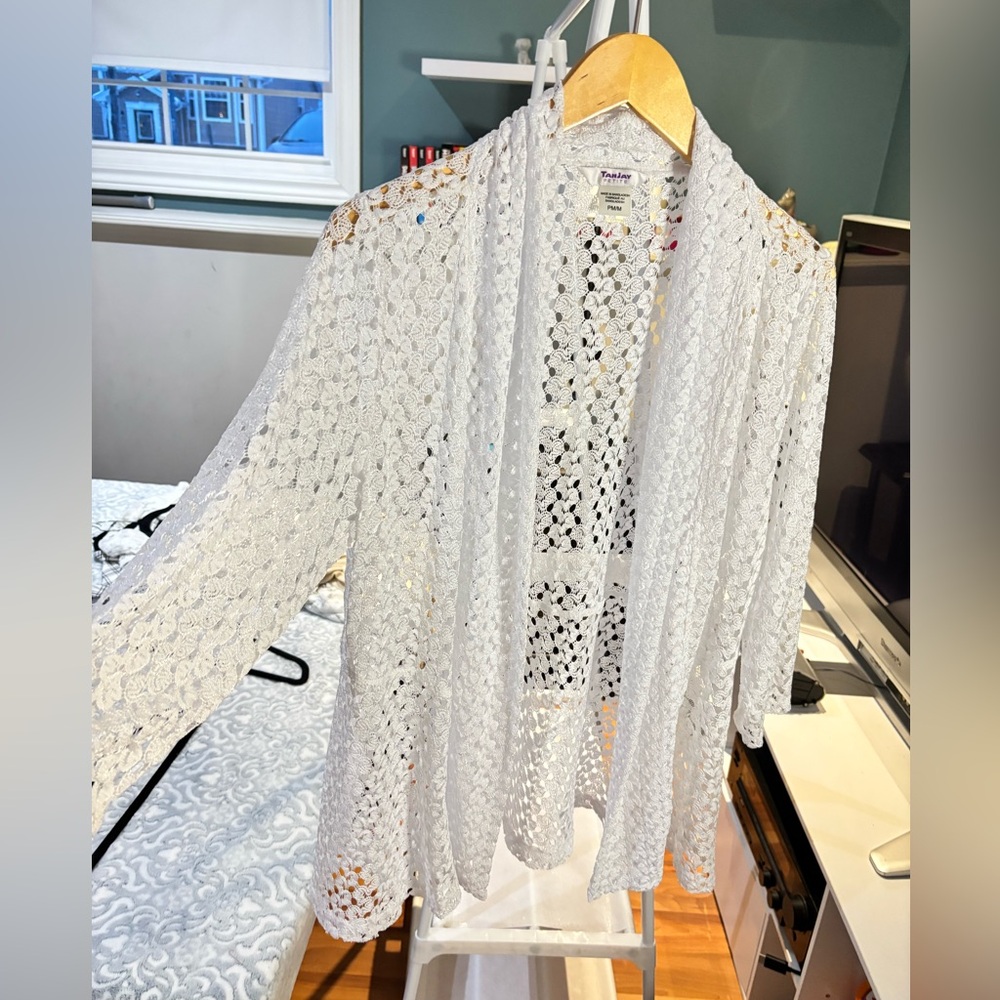 Openwork Crochet White Women's Cardigan Sweater - Tan Jay